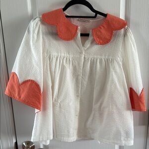 White and Orange Blouse with Scalloped Collar